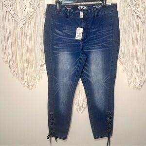 Rewash Women's Dark Blue Ankle Jeans with Lace-Up Detail